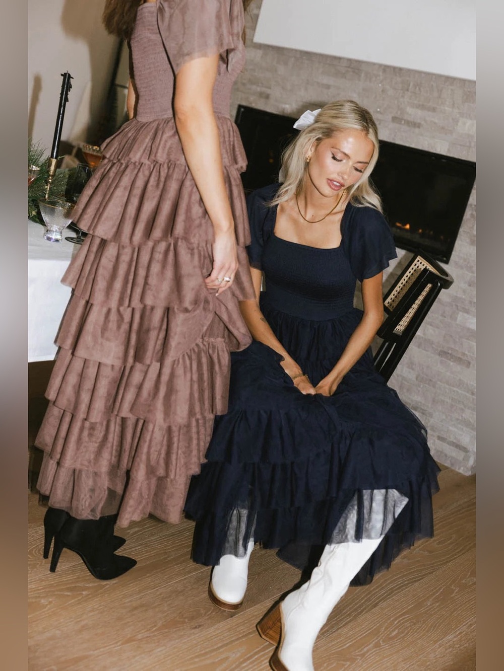 EUC Bohme Navy Mia Ruffled Tulle Smocked Maxi Dress - Picture 3 of 12